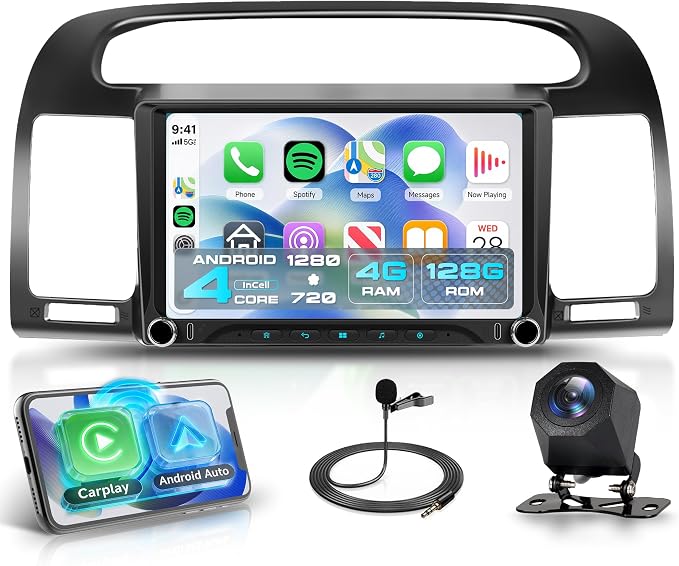 4G+128G Android 15 Car Stereo for Toyota Camry 2000-2006, 9 Inch Incell Touchscreen with Physical Buttons, Wireless CarPlay Android Auto GPS Bluetooth 5G-WiFi EQ SWC Type-C Backup Camera