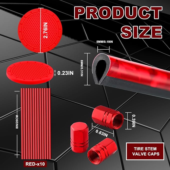 28 Pcs Car Interior Accessories Including 20 Pcs Car Air Conditioner Decoration Strip 4 Non Slip Silicone Car Cup Coaster 4 Car Tire Valve Stem Caps for Most Cars SUVs Trucks(Red)