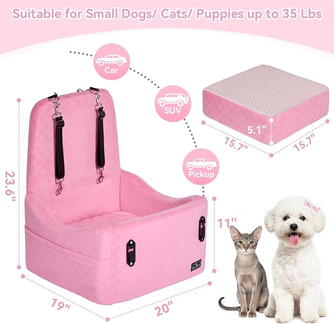 Dog Car Seat for Small/Medium Dogs Up to 35 lbs – Patented Safety System, 5" Memory Foam Pet Booster Car Seat, Fully Detachable and Washable Dog Carseat with 2 Storage Pockets (Pink)