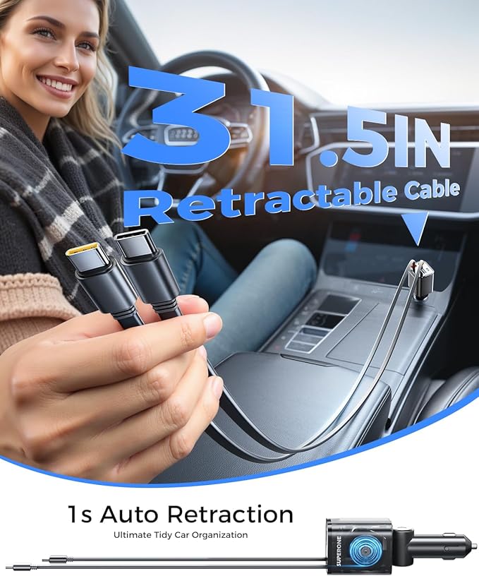 Retractable USB C Car Charger, Phone 16 Car Charger Fast Charging with Dual Type C Cable, Car Accessories Small USBC Car Adapter