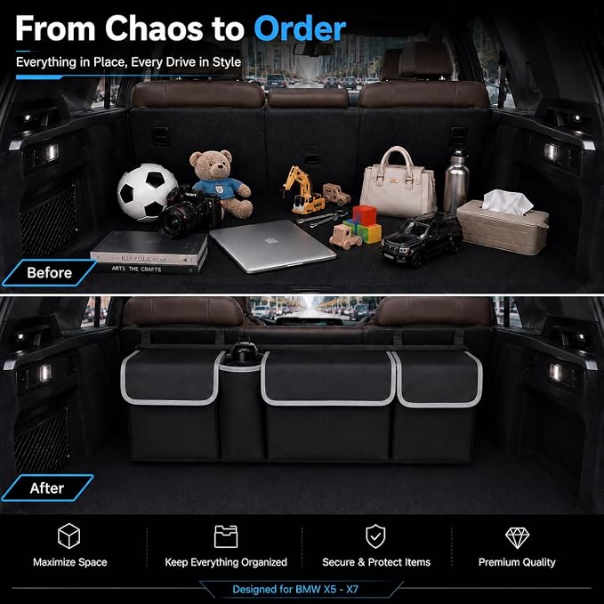 Car Trunk Organizer, Hanging Seat Back Storage Organizer with Large Pockets, Space-saving Backseat Car Organizer