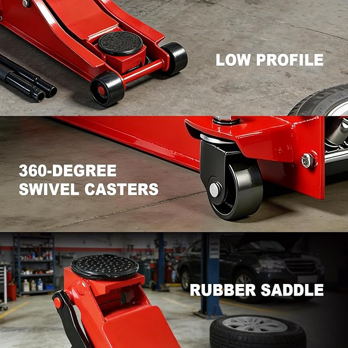 3 Ton Floor Jack, 6600LBS Capacity Hydraulic Car Jack, Low Profile Portable Jack with Dual Pumps, Quickly Lift Steel Service Jack, Lifting Range 3-1/8" Min to 20" Max Red