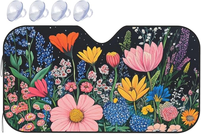 Windshield Sun Shade Wildflower Art Floral Black Car Front Window Sunshade Cover for Truck SUV Blocks UV Rays Automotive Visor Interior Protector 55 x 30 inch