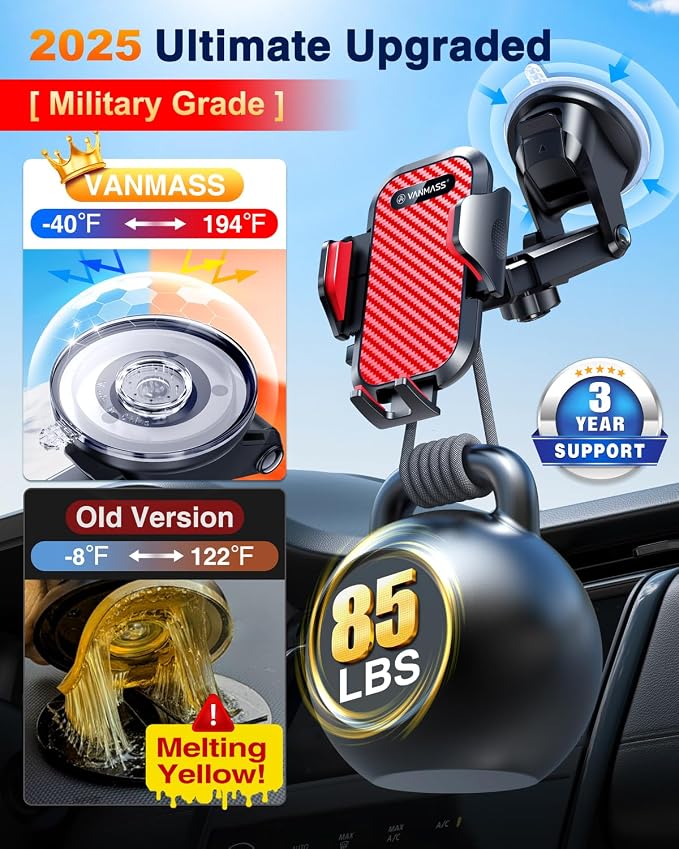 Phone Holders for Your Car 2026 Ultimate Phone Mount Military-Grade Windshield Dashboard Vent【Newest Best Strongest】 Cell Phone Car Mount for iPhone 16 Pro Max 15 Samsung Android,Red
