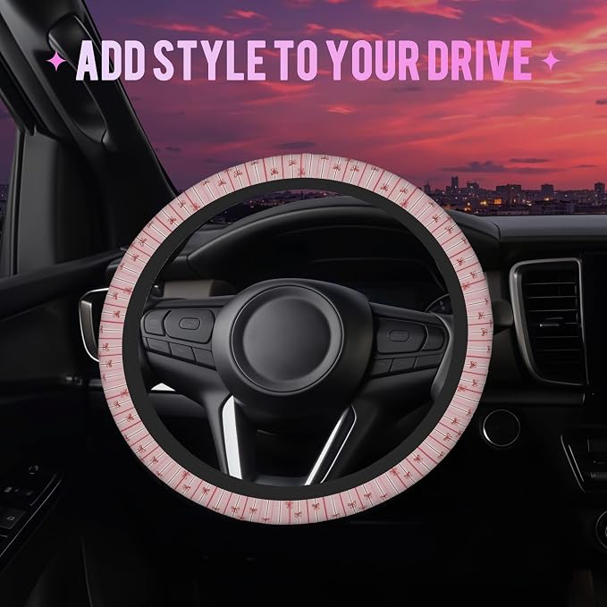 Pink Bows on Stripes Steering Wheel Cover for Women Men Neoprene Breathable Wheel Cover Protector Anti-Slip Car Accessories Universal 15 Inch Fit for Cars Trucks Vehicles