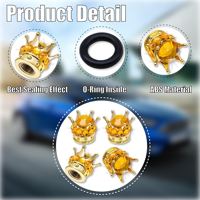 4PCS Crown Bling Tire Stem Valve Caps, Crystal Diamond Car Wheel Tire Valve Caps Universal Copper Core Stem Covers for Cars, SUV, Trucks, Bikes, Motorcycles, Bicycles (Gold)