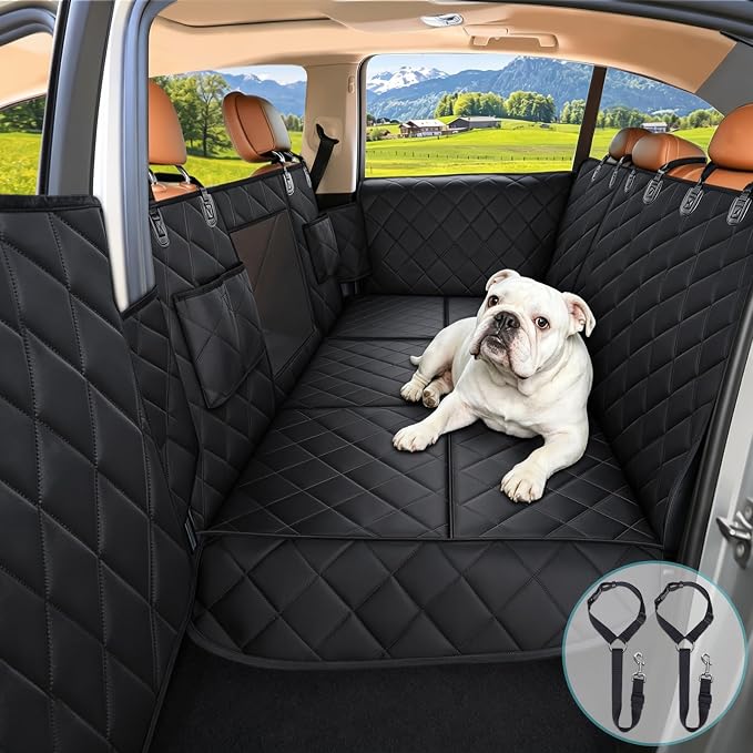 Truck Hard Bottom Car Seat Cover for Dogs | Mesh Window & 2 Safety Belts | 100% Waterproof Sturdy Back Seat Extender with Door Protectors |Non-Slip,Scratchproof Pet Car Rear Seat Protector Fit Pickup