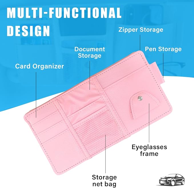 Car Sun Visor Organizer, Leather Personal Belonging Storage Pouch with Zipper, Car Visor Storage Pouch Sunglasses Holder, Auto Interior Accessories Pocket Organizers (Pink)