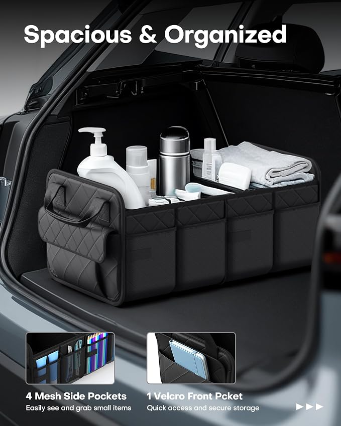 Trunk Organizer for SUV – Foldable & Portable Car Organizers and Storage with 2 Compartments, Large Capacity Car Trunk Organizer Car Accessories for Truck Sedan, Black, 21.7" x 12.8" x 11.0"
