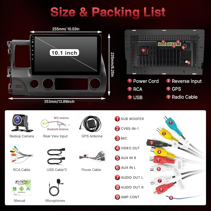 Car Radio for Honda Civic 2006 2007 2008 2009 2010 2011 with Apple Carplay Android Auto 2+32GB 10.1" Touch Screen Stereo for Honda Civic with in-Dash GPS, WiFi, BT, DSP, Backup Camera, MIC
