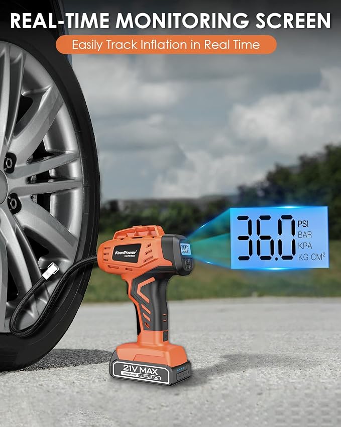 Tire Inflator Air Compressor, 21V Cordless Car Tire Pump with Rechargeable Li-ion Battery, 12V Car Power Adapter, Digital Pressure Gauge, Suitable for Cars E-bikes Balls Motorcycles