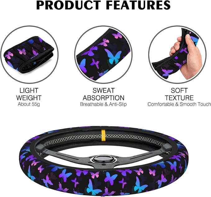 Colorful Butterflies Steering Wheel Covers Universal 15 Inch Car Wheel Cover,Anti-Slip Breathable Car Accessories Protector Fit for Trucks,Sedans,SUVs,Vans