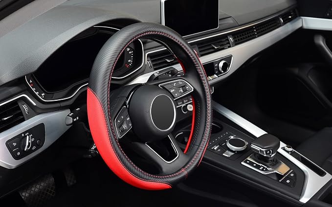 Microfiber Leather Auto Car Steering Wheel Cover, Universal 15 Inch Anti-Slip Wheel Protector, Red