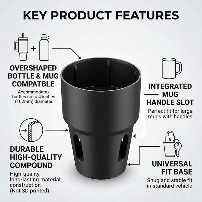 Car Cup Holder Expander Adapter for Large Bottles, Compatible with Stanley 40oz Tumbler with Handle, Yeti Rambler 36oz/46oz, Hydro Flasks - Adjustable Base Fits Most Vehicles, SUVs, Trucks & RVs