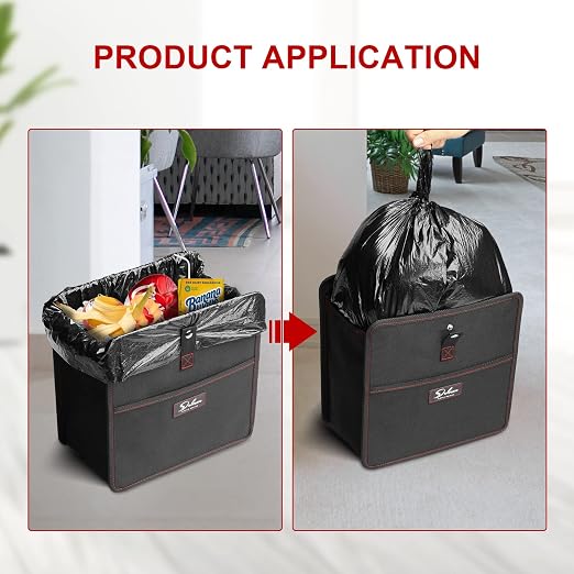 Car Trash Can with Storage Pockets, Multipurpose Car Garbage Bin with Adjustable Straps, Hanging for Headrest, Foldable and Portable Organizer, 3 Gallon, Black (Pack of 2)