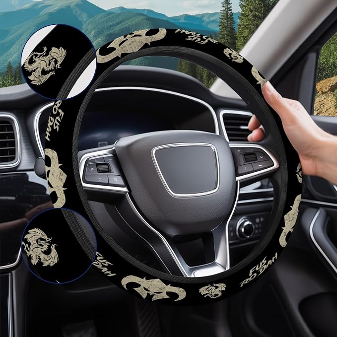 Black Fantasy Dragon Steering Wheel Cover, Polyester Car Wheel Grip, Universal 15 Inch for Cars SUVs Trucks