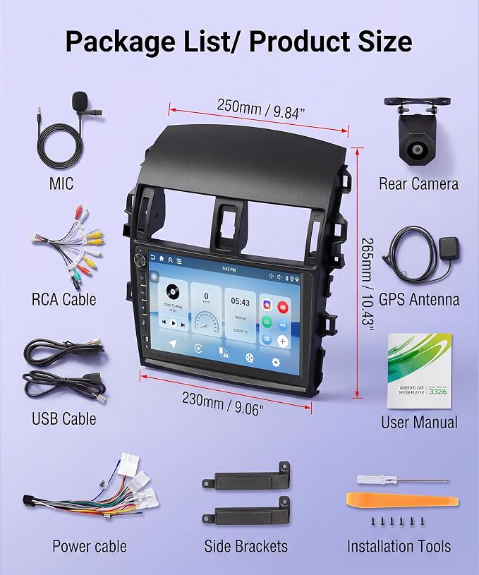 4G+64G Android Car Stereo for Toyota Corolla 2009-2013, 9 Inch Incell Touchscreen with Physical Buttons, Wireless CarPlay Android Auto GPS Bluetooth WiFi FM RDS EQ SWC Type-C Backup Camera