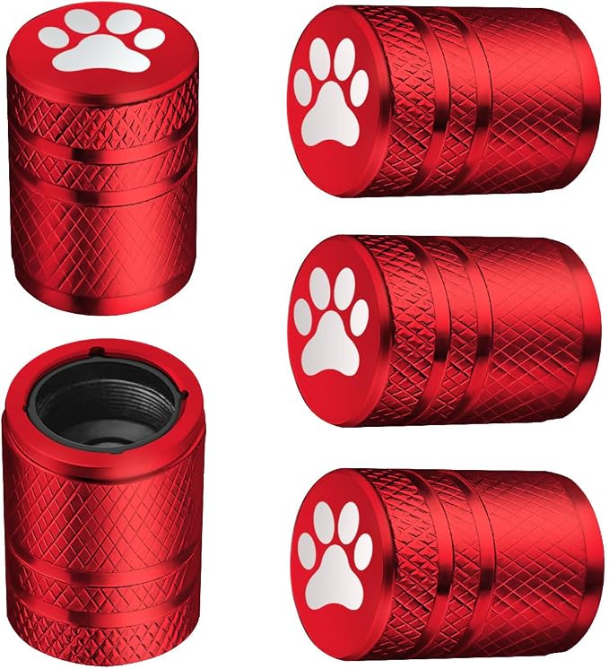 Tire Valve Stem Caps - (5 Pack) Metal Air Caps with Plastic Liner, Corrosion Resistant, Leak-Proof, Dog Cat Paw Universal Stem Covers for Cars Trucks Motorcycles and Bikes - Red