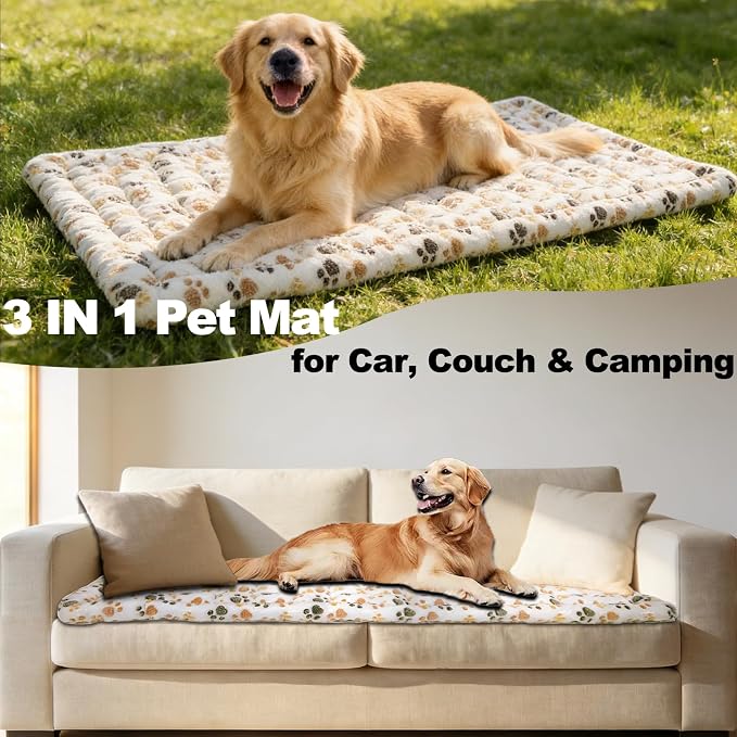 Dog Car Seat Cover for Back Seat, White Paw Print Flannel Pet Bed Mat, Non-Slip Waterproof Bottom, Washable Dog Bed & Seat Protector for Cars SUVs Trucks, Fits Backseat Extenders