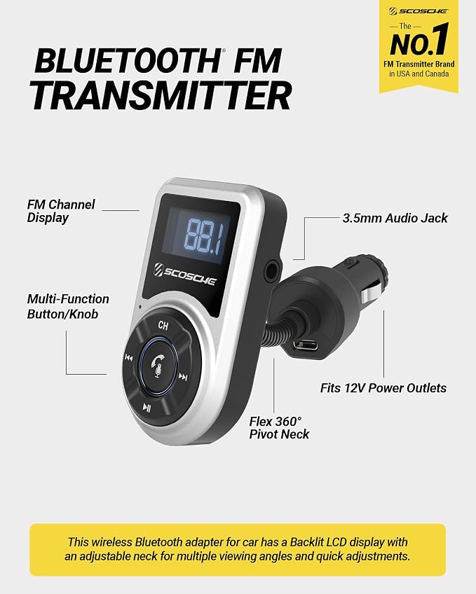 BTFMPD Universal Bluetooth Handsfree Car Kit with FM Transmitter and 18-Watt USB Car Charger, Silver