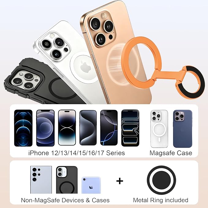 Magnetic Phone Ring for MagSafe Dual-Sided Magnetic Phone Grip Magnet Phone Stand Grip Compatible with iPhone 17/16/15/14/13 Pro Max Plus Mag Safe Accessory for Car Mounts (Orange)