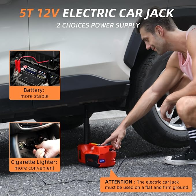 Electric Car Jack Kit 5 Ton 12V Hydraulic Jack Floor Jack with Impact Wrench and Tire Inflator Pump Lift with LED Light for SUV Sedan Truck Road Emergency Tire Change