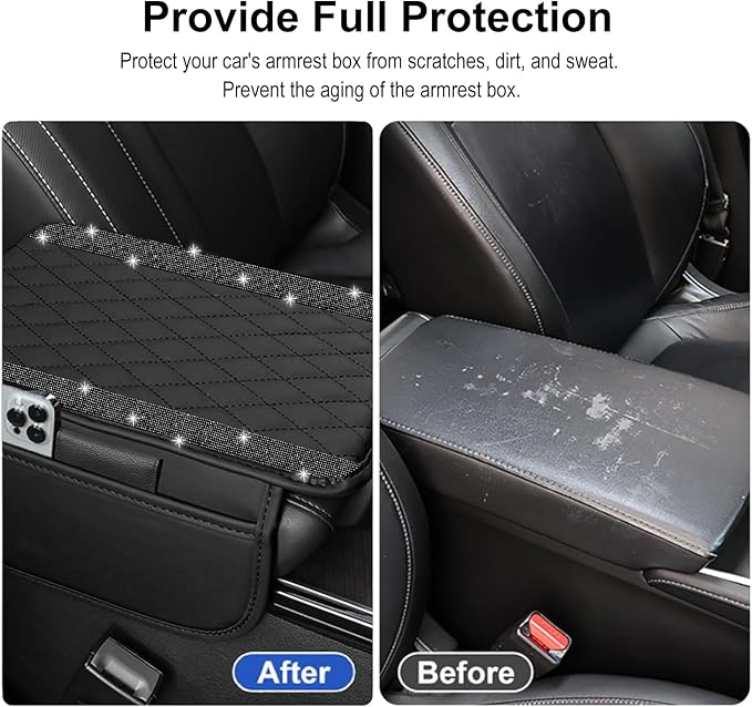Bling Car Center Console Cover, Leather Car Arm Rest Cover Cushion with 2 Storage Bags, Universal Automotive Armrest Protector Storage Box, Bling Accessories Interior for Most Vehicles (Black)