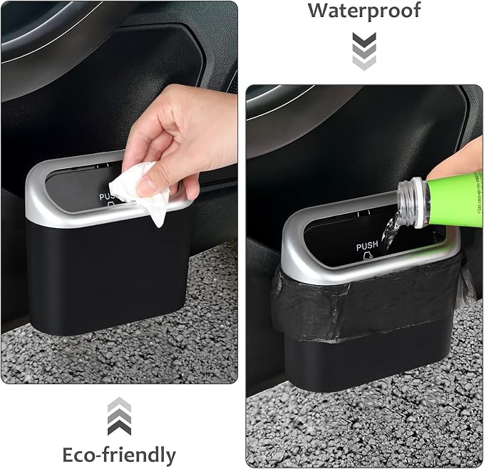 Car Trash Can with Lid, Mini Vehicle Trash Bin Car Dustbin Garbage Organizer Holder with Trash Bag, 2 Pack Small Hanging Leakproof Cars Storage Bag Container for Auto, SUV, Office (Silver)