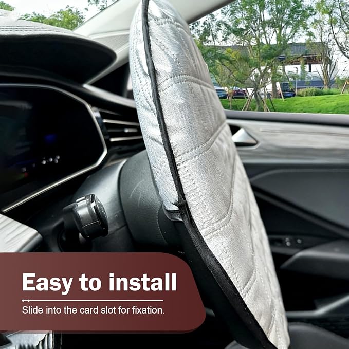 1 PC Car Steering Wheel Sun Shade, 16.93" Aluminum Foil Material Car Driving Handle Cover, Thickened Slip-on Steering Wheel Sunshade Protector, Universal for Most Cars SUVs Trucks (Silver)