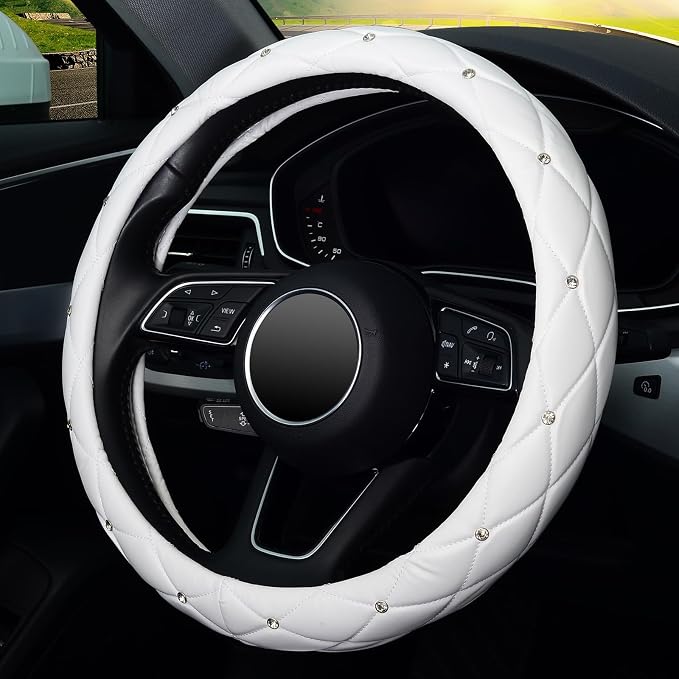 Diamond Soft Leather Steering Wheel Cover with Bling Bling Crystal Rhinestones, Universal 15 inch, Pure White
