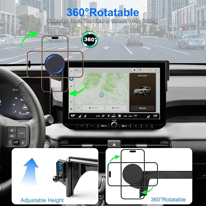 2026 RAV4 Car Phone Holder for Toyota RAV4 12.9-inch Touchscreen (XSE/Limited), 360° Rotation Phone Mount Compatible with MagSafe, No Vent Blocking, Exclusive Custom Fit for Toyota RAV4 Accessories