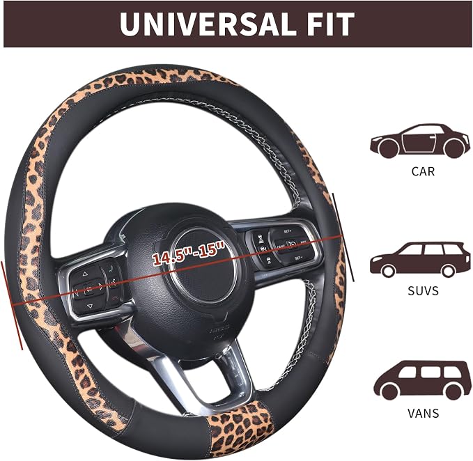 Leopard Steering Wheel Cover, Breathable Microfiber Leather Universal 14.5-15 inch for Most Automotive Steering Wheel Cheetah Print, Black