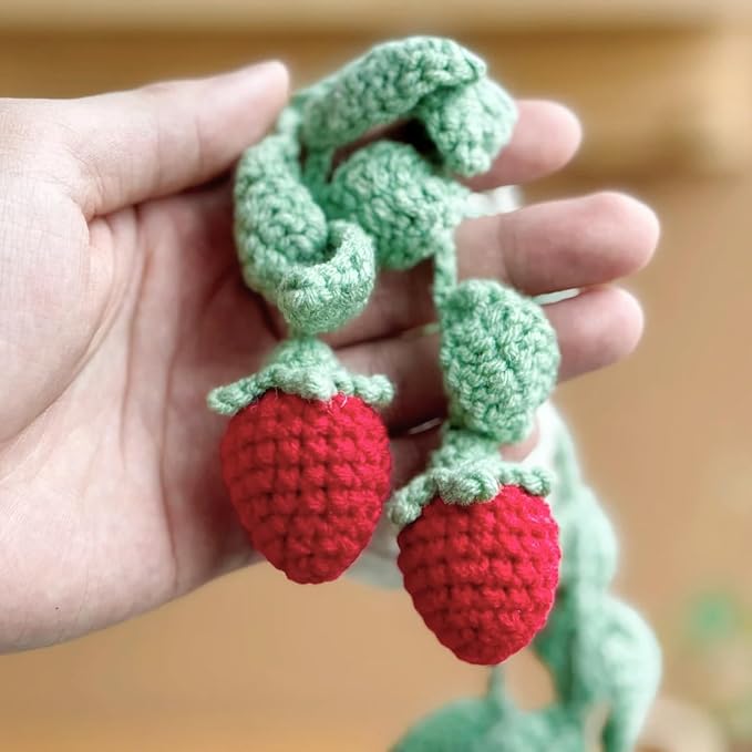 Cute Crochet Plant for Car Rear View Mirror,Boho Hanging Accessories Decor | Handmade Pendant for Women Girls,Green Interior Aesthetic Truck Hanger Ornament Charm for Men (Red Strawberry Plant)