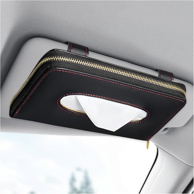 Car Tissue Box, Leather Auto Sun Visor Napkin Case Tissue Case Holder with Zipper, Sunvisor Paper Towel Storage Box Napkin Organizer for Most Vehicles, Car Accessories (Black)