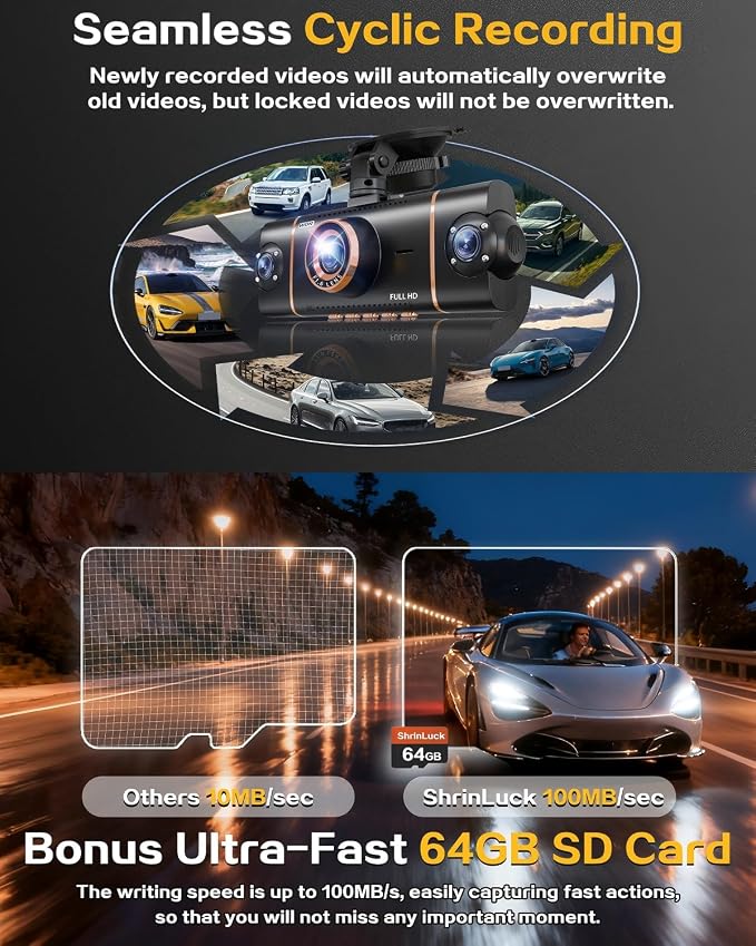 4 Channel 360° Dash Cam Front Rear Inside and Left Right, 4K+1080P*3 FHD Car Camera, 5GHz WiFi and App Control, 24H Parking Mode, 8 IR Lamps Night Vision, Includes 64GB SD Card, Black