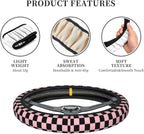 Pink and Black Checkered Steering Wheel Cover for Women, Universal Auto Steering Wheel 14-15 Inch Car Interior Accessories with 2PCS Car Coasters, Suitable for Men and Women