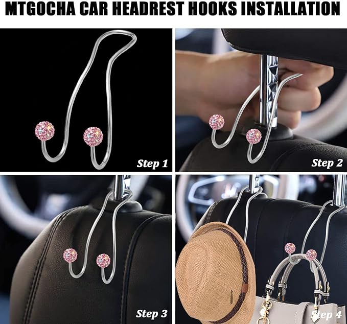 Bling Purse Hook for Car Headrest, Upgraded Cute Car Seat Hooks for Bag Handbag, Durable Stainless Auto Purse Hanger Holder 2 Pack, Pink