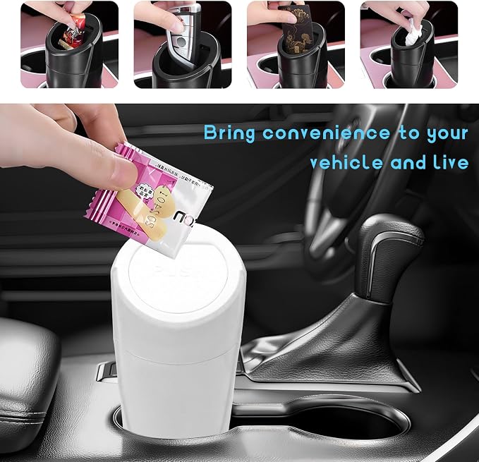 Car Trash Can Bin with Lid, Leakproof Auto Cup Holder Garbage Bin Multipurpose Storage Organizer, Mini Portable Dustbin Side Door Garbage Can for Vehicle Home Office (White)