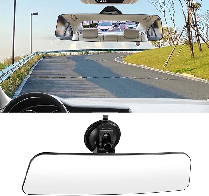 Auto Inside Rearview Mirror with Suction Cup, 12 inch HD Wide Angle Extended Curved Mirror, 360 Degrees Adjustable Wide Viewing Car Accessories Universal for Cars Trucks Boat