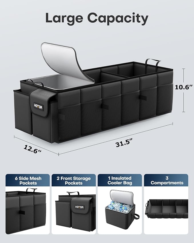 Trunk Organizer, Sturdy Foldable with Cooler for Car & SUV, 3 Compartments, Black, 31.5” x 12.6” x 10.6”