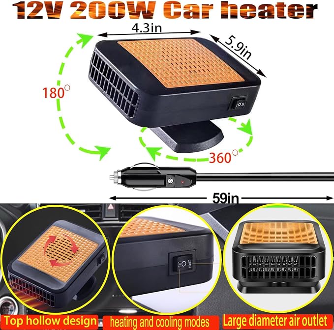 Car Heater for Vehicle,12V Portable Car Heater that Plugs into Cigarette Lighter,Defroster for Car Windshield,2 in 1 Heating & Cooling Fans,Defrost Defogger,Car Plug in Heaters for Car