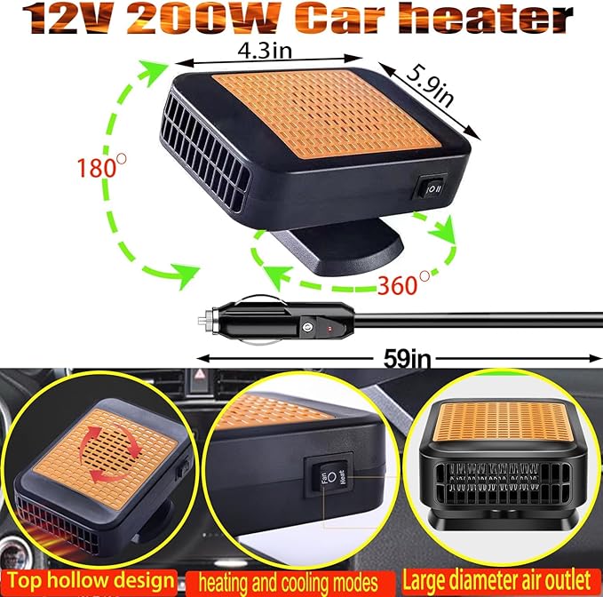 Car Heater for Vehicle, 12V 200W Portable | Plugs into Cigarette Lighter, Defroster for Car Windshield, 2 in 1 Heating & Cooling Fans