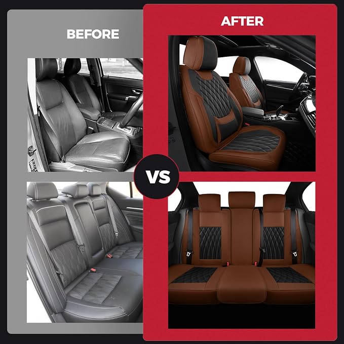 Black Brown Car Seat Covers Full Set - Faux Nappa Leather Seat Covers for Cars, Breathable Waterproof Front Seats Protector with Lumbar Support, Universal Fit for Automotive Sedan SUVs Pickups