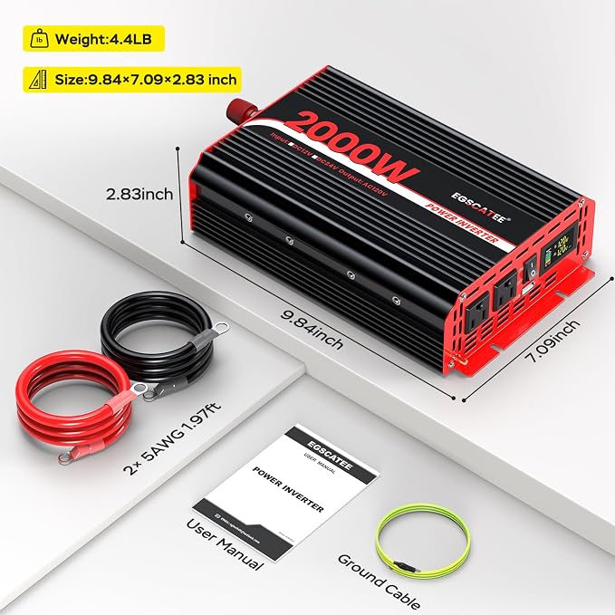 2000W Power Inverter 12V DC to 110V/120V AC Converter, Peak Power 4000W Car Inverter with LCD Display, 2 AC Outlets, 3.1A USB Port for Vehicles, Camping, Travel, Emergency Use