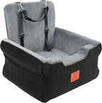 Dog Car Seats for Small/Medium Dogs, Elevated Memory Foam Dog Booster Seat, Detachable Washable Pet Car Seat with Safety Belts & Storage Pockets (Black-Gray)