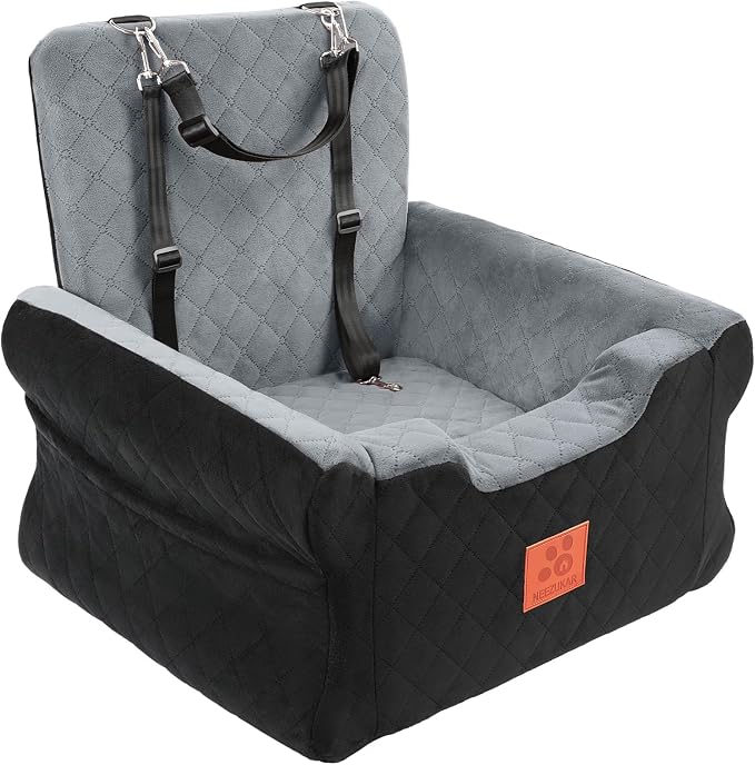 Dog Car Seats for Small/Medium Dogs, Elevated Memory Foam Dog Booster Seat, Detachable Washable Pet Car Seat with Safety Belts & Storage Pockets (Black-Gray)