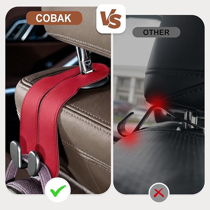 CoBak Purse Hook for Car - Universal Premium Stitched Leather and Aluminum-Magnesium Alloy Double Car Seat Back Storage Hook for Purses, Handbags, Bags (2 Pack),Carbon Red