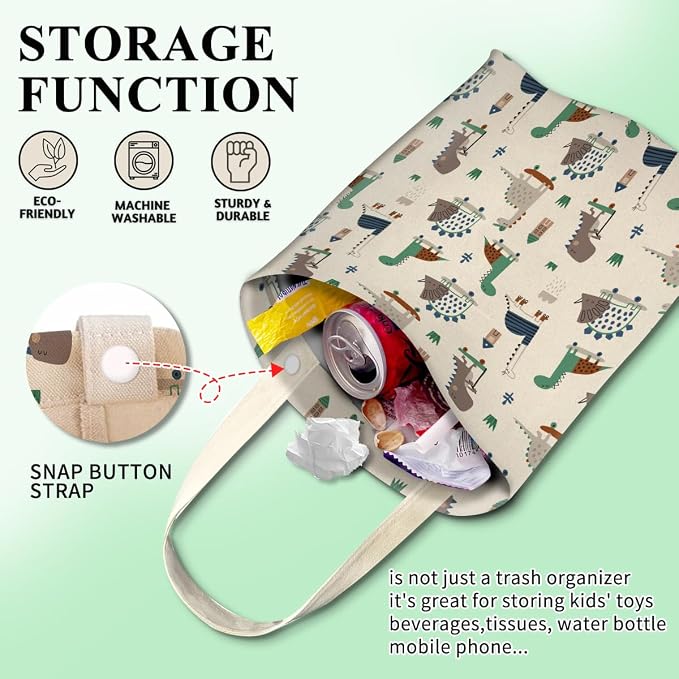 Car Trash Can, Cute Car Trash Bag, Hanging Car Organizer and Storage Bag, Trash Bin for Car Accessories, Vehicle, Travelling, Camping Cute Dinosaur