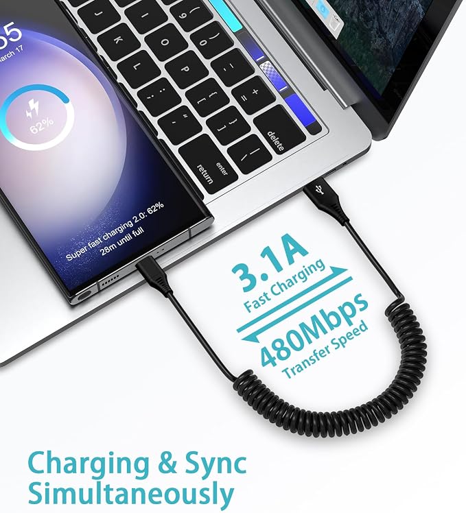 USB to USB C Cable iPhone 17e Coiled 3FT Car Charger Cord for iPhone 16e/16/16 Pro/16 Pro Max/Plus/17/Air/17 Pro/17 Pro Max, Retractable Auto Type C Fast Charging for Samsung Galaxy A17 S26,Pixel 10