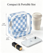 Preppy Clear Makeup Bag Travel Cosmetic Case Transparent Blue and Beige Checkered Mini Toiletry Bag,Portable Make Up Organizer Traveling Compact Car Accessories And Organization
